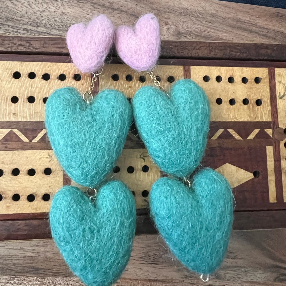 Fernanda Earrings by Fruity Poms - pink and teal hearts